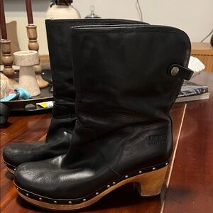 UGG Black Leather Clogs with Wooden Sole